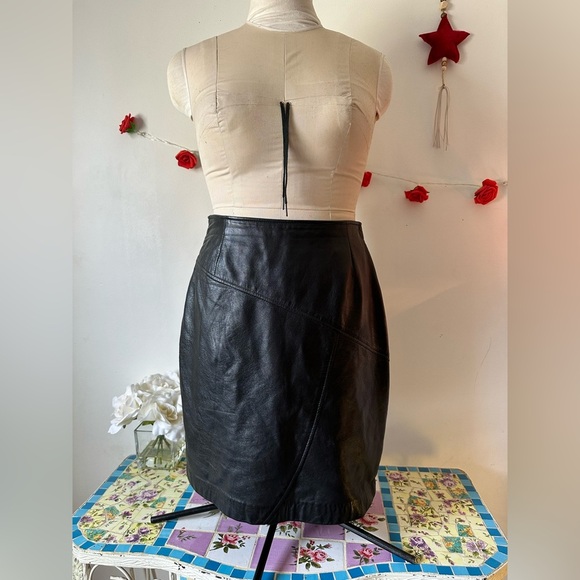 Vintage Ed Battah Elegant Black Buttery Leather Black Skirt M L 10 - Picture 5 of 10